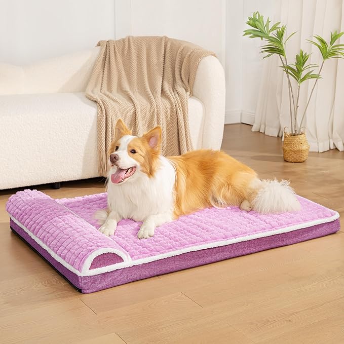 Orthopedic Dog Bed Medium Size Dog with Pillow 30''X20'', Waterproof Soft Comfortable Egg Crate Foam Pet Crate Beds Mat with Removable Washable Cover and Non-Slip Bottom, Lilac