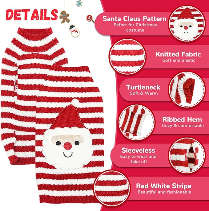 Dog Christmas Sweater Xmas Pet Clothes Cute Striped Santa Claus Costume Holiday Puppy Cat Jumpers Outfits New Year Gifts for Small Medium Large Dogs (XL, Red White Stripe Santa Claus)