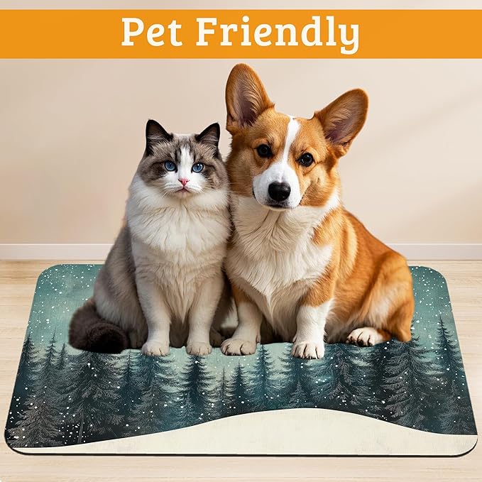 Pet Feeding Mat,Abstract Forest Absorbent Dog Cat Food Mat Moon Dog Mat with Rubber Backing,Non-Slip Water Bowl Placemat,Pet Supplies 16" x 24"