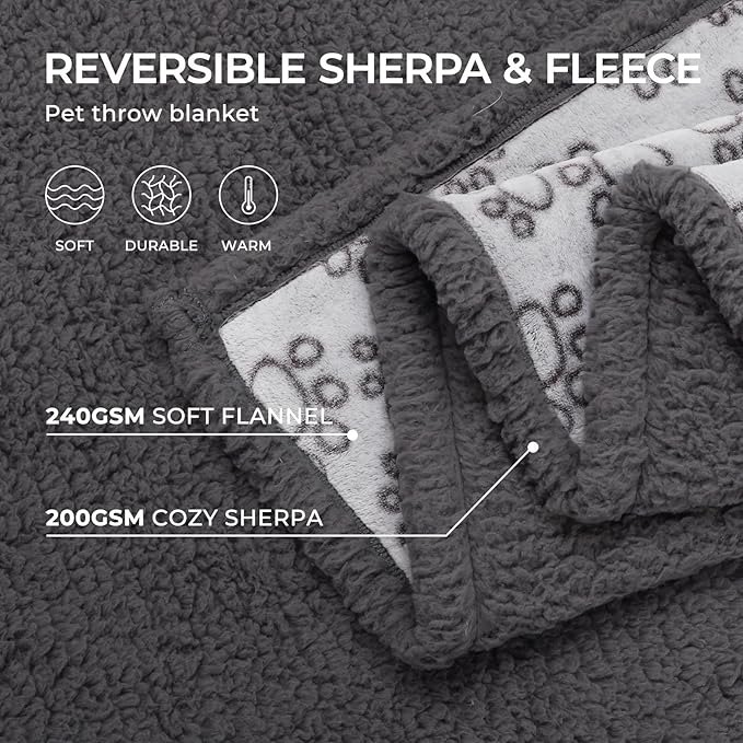 Luciphia Waterproof Pet Blankets for Couch Sofa Bed Cover Liquid Pee Proof Washable Soft Fluffy Large Dog Blanket Reversible Furniture Protection Paw Grey Small（40" x 28"）