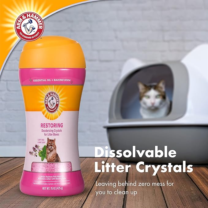 Arm & Hammer Restoring Cat Litter Box Deodorizing Crystals, Litter Deodorizer Additive to Help Absorb Odors and Restore Freshness Between Changes, Clary Sage & Mint Scent, 15 Oz