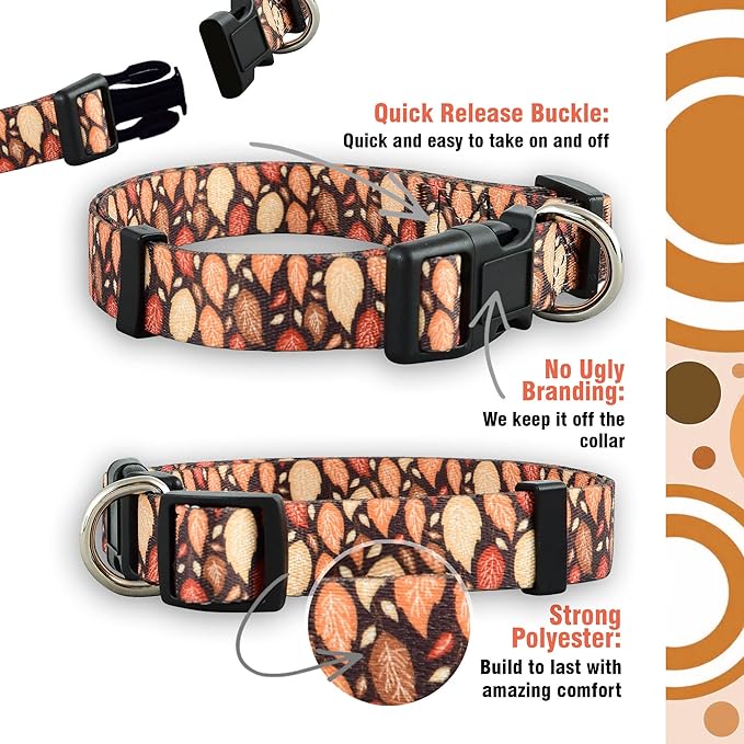 Native Pup Thanksgiving Dog Collar- Fall Collars for Dogs- Autumn Leaf, Turkey, Pumpkin Pie, Holiday Leaves- Girl Boy Puppy- Adjustable for Small, Medium, Large Breeds (Fall Leaves, Medium)