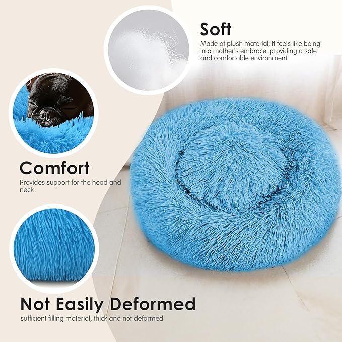 Hoewina Dog & Cat Bed, 20in Cat Beds for Indoor Cats, Calming Donut Bed for Puppy and Kitten, Washable Round Fluffy Pet Bed for Small Medium Dogs and Cats (Light Blue)