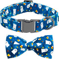 Halloween Dog Collar, Ghost Print Adjustable Pet Collar Blue Cute Cotton Soft Collars with Bow Tie Fall Metal Buckle Holiday Puppy Collars Boy&Girl Gift for X-Large Dogs