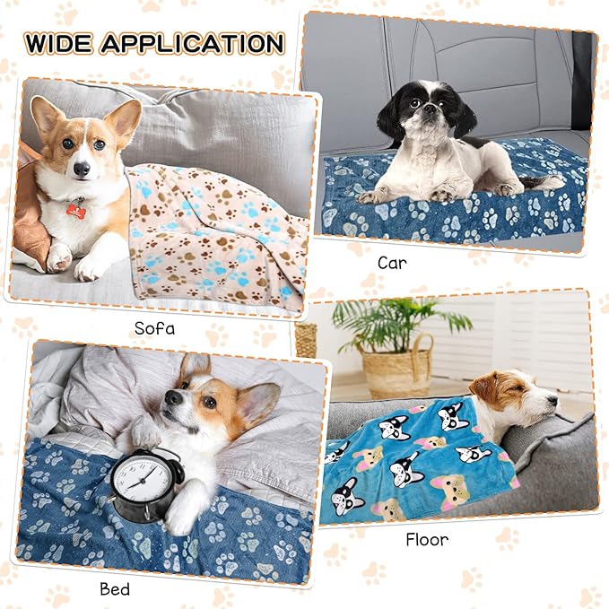 Rezutan Premium Dog Blankets for Large Dogs & Cat Flannel Blanket Washable, Soft Pet Throw Cover for Kennel Crate Bed, Cute Paw Pattern,41x31 inch, Blue/Beige/Navy Blue