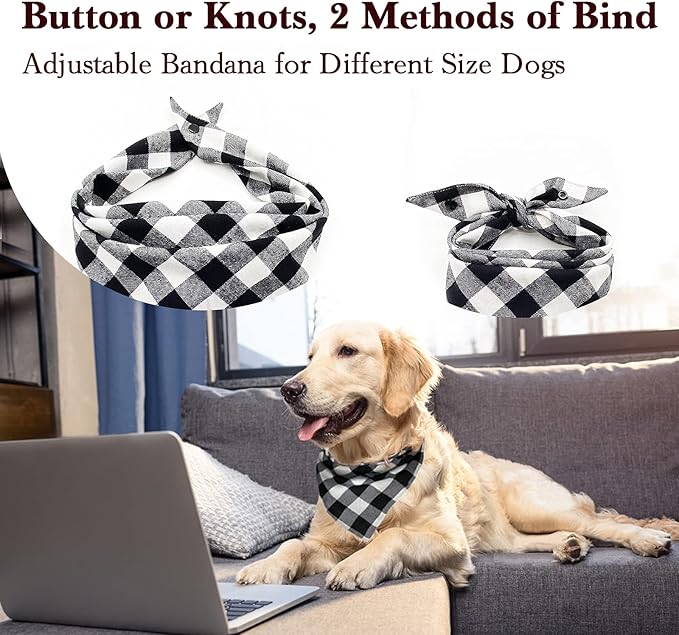 Christmas Plaid Dog Bandana with Button, Dual Layer Scarf Soft Cotton Triangle Bib Girls and Boys Kerchief Adjustable Accessories for Small Medium Large Extra Large Dog Puppy Pet Cat