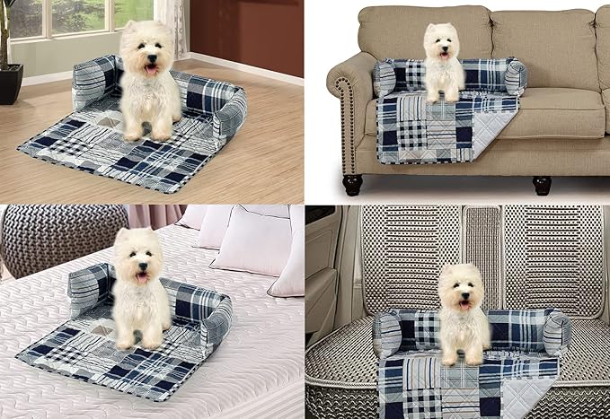 Brilliant Sunshine Quilted Calming Dog Bed Mat, Removable Washable Cover, Cushion Protector and Couch Covers for Dogs, Pets, Cats, Extra Large, Blue Plaids and Stripes Patchwork