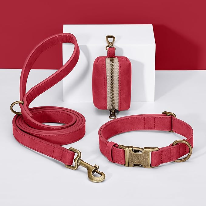Didog Soft PU Leather Dog Collar, Stylish Quick Released Dog Collars for Small Dogs, Easy Clean Adjustable Pet Collar for Daily Walking, Red, S Fit 10-16" Neck