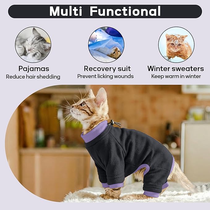 Pumyporeity Sticky Cat Clothes - Soft Cat Sweater for Hair Loss Prevention, Recovery Suit After Surgery, Black, XS