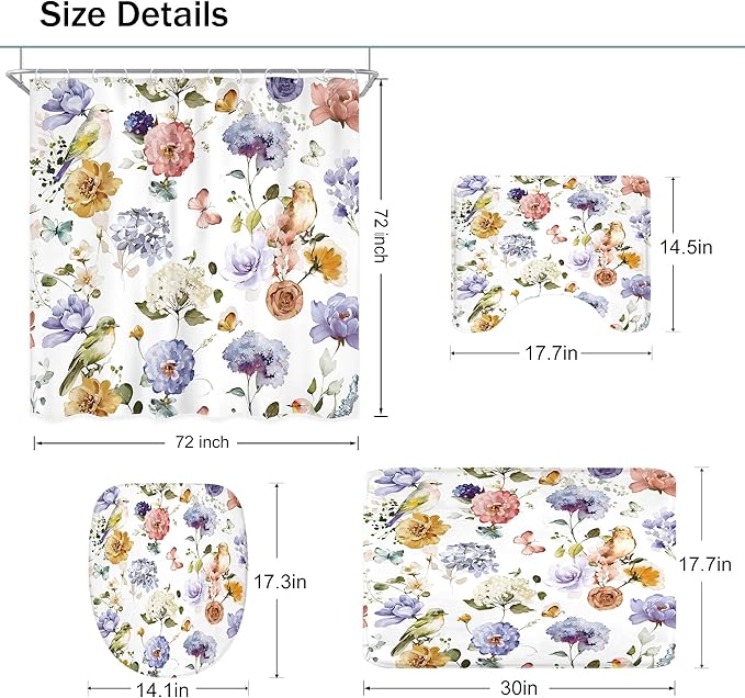 4 PCS Purple Floral Birds Bathroom Set with Shower Curtain and Rugs 72Wx72H Inch Classical Watercolor Non-Slip Bath Rug Toilet Lid Cover and U Shape Mat Accessories 12 Hooks Bathoom Decor