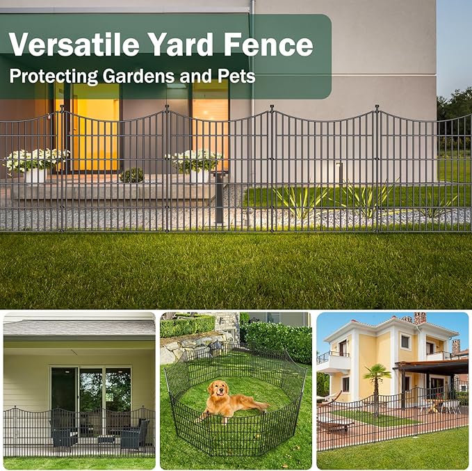10 Panels Decorative Garden Fence with Gate, 48 in(H) X 26.25 ft(L) No Dig Dog Fence Animal Barrier Outdoor for Yard, Rustproof Metal Garden Edging and Borders, Temporary Fencing Stakes