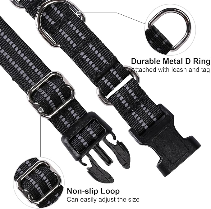 Martingale Dog Collar, Adjustable Nylon Reflective Collar with Buckle No Pull Dog Collar for Small Medium Large Dogs (Black M)