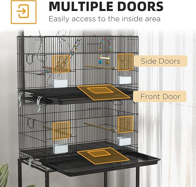 PawHut Double Stackable Bird Cage with Stand, Wooden Swing, Rope Ladder & Wheels for Canaries, Lovebirds Finches, Budgie Cage with Storage Shelf, Removable Tray, Wooden Perches & Food Containers