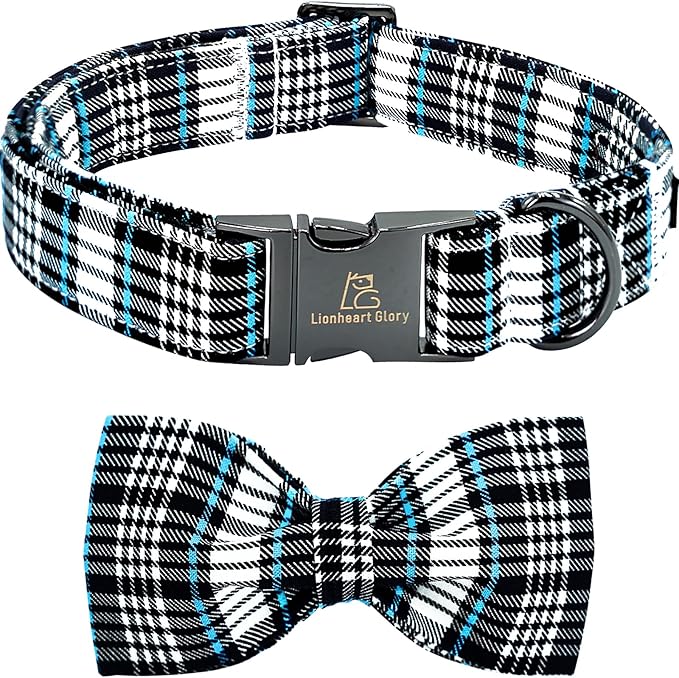 Lionheart glory Dog Bow Collar Blue and Black Plaid Dog Collar for X-Small Dogs,Boy Dog Collars with Bowtie Spring Summer Collars Soft Adjustable Pet Collar Bows