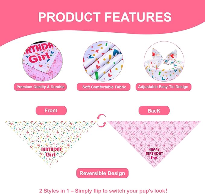 Dog Birthday Bandana Girl for Large to X-Large Dogs, Reversible 2 Patterns in 1, White & Pink Confetti Scarf, Puppy Party Outfit Gift (18-23" Neck)