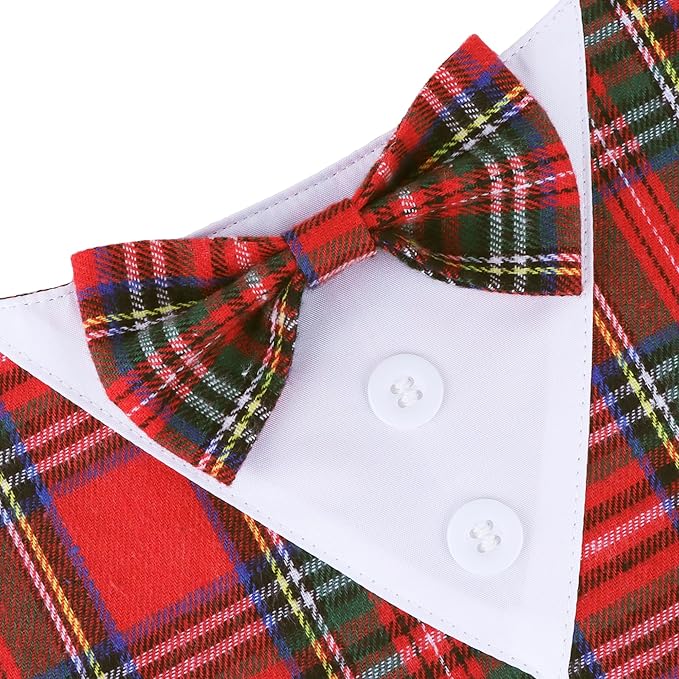 ADOGGYGO Christmas Dog Tuxedo Bandana, Red Plaid Pet Chritstmas Collar with Bowtie, Adjustable Christmas Costume for Small Dogs Pets (S)