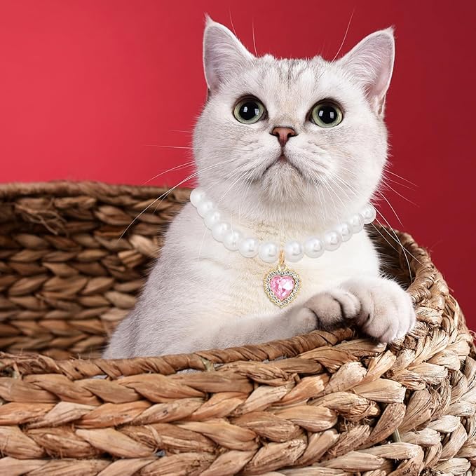 2pcs Pearl Collar for Cat Puppy, Small Cute Heart Shape Rhinestone Pet Necklace, Adjustable Wedding Party Pet Jewelry Accessories for Puppy Kitten- Green & Pink
