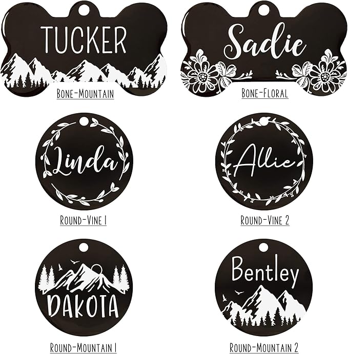 UltraJoys Stainless Steel Pet ID Tag Dog Name Tags Personalized Front and Back Engraving, Customized Dog Tags and Cat Tags, Optional Engraved on Both Sides, Round Tag with Vine Design 2, Large Black