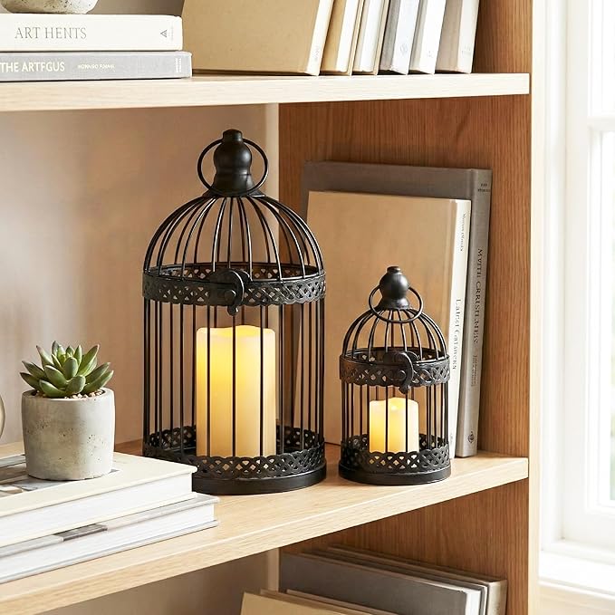 VELA LANTERNS Bird Cage Decor Candle Holder Lantern Decorative Table Centerpiece Halloween Decorations, 10" and 6" Tall, Black, Set of 2