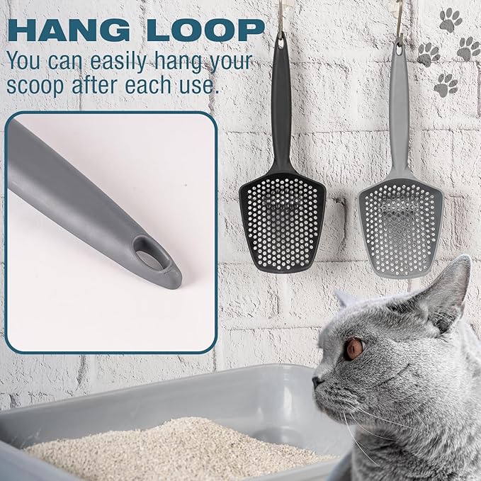 Set of 2 Cat Litter Scoop with Small Holes, Deep Sifting Shovel for Fine Litter, Reptile Terrarium Sand & Rabbit Pooper Lifter, Hanging Handle Poop Scooper (Gray, Set of 2)