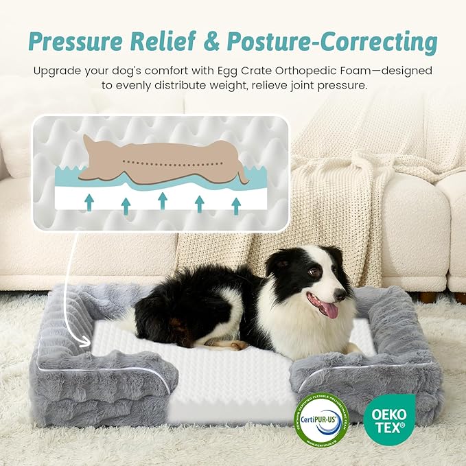 Orthopedic Dog Bed for Large Medium Size Dog, Soft and Warm Faux Fur Sofa for Pet Up to 75 lbs, Foam Bolster Anti-Slip Couch with Washable Removable Cover, L 36x27x6.5 inch, Grey