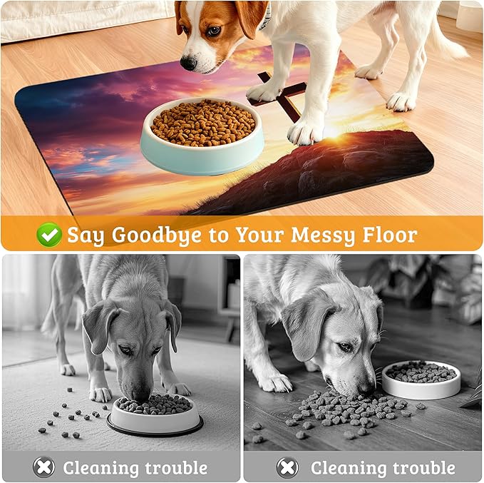 Pet Feeding Mat,Cross Absorbent Dog Cat Food Mat Sunset Dog Mat with Rubber Backing,Non-Slip Water Bowl Placemat,Pet Supplies 12" x 20"