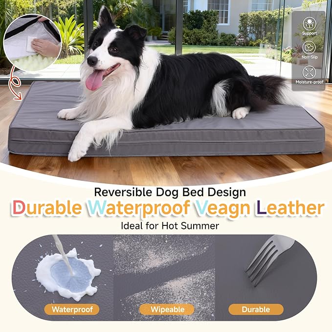 Waterproof Dog Bed for Large Dogs, Outdoor Orthopedic XL Dog Bed with Reversible & Washable Cover, Egg Crate Foam, Anti-Slip, 44" x 32", Gray