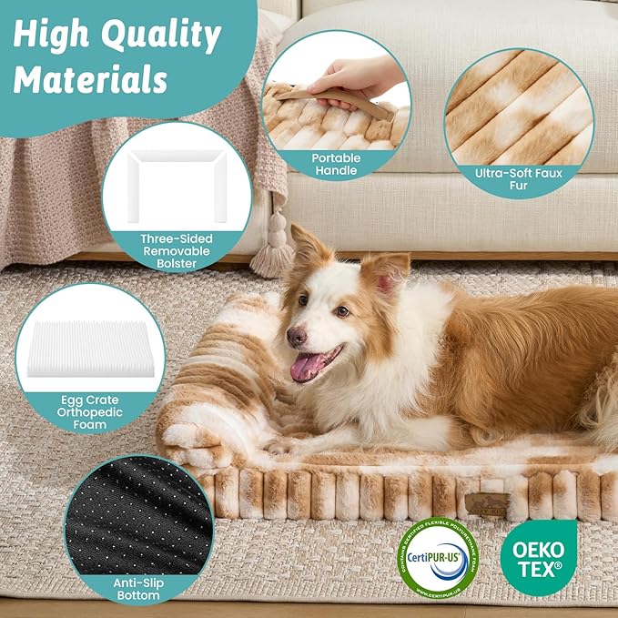 Cute Dog Bed for Medium Dogs, Faux Rabbit Fur Orthopedic Foam Dog Bed with Sides, Removable Washable Cover & Waterproof Lining, Comfortable Pet Couch, Tie-Dye Brown (36" L x 20" W x 6" Th)