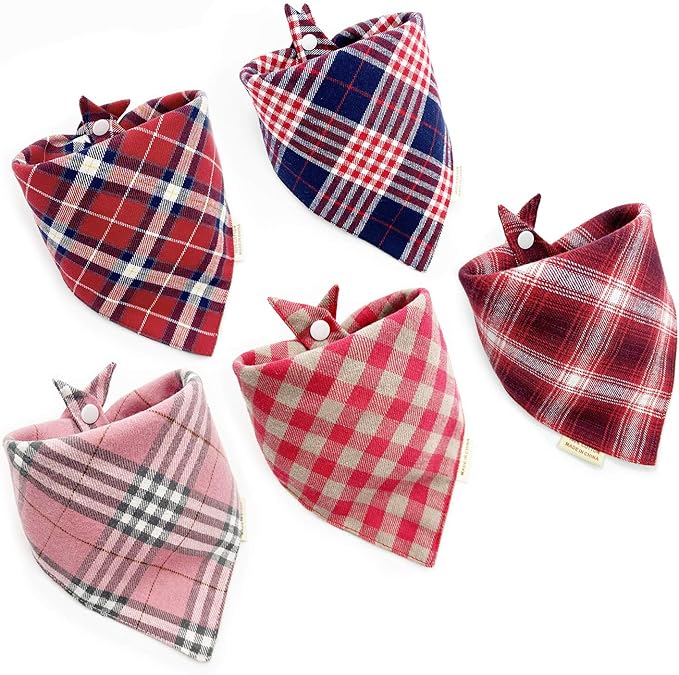 Savier 5PCS Dog Bandanas with Button - Fall Thick Triangle Bibs Dual Layer Soft Cotton Scarves for Small Medium Girl Puppy Cat Pet Baby Square Plaid Printing Washable Kerchief Halloween Outfits Pink