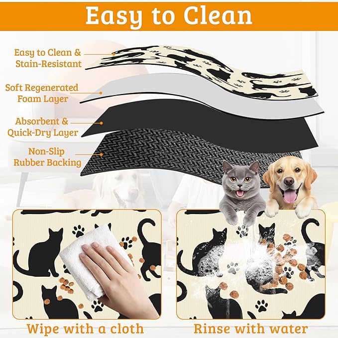 Pet Feeding Mat,Cat Silhouette Absorbent Dog Cat Food Mat Dog Mat with Rubber Backing,Non-Slip Water Bowl Placemat,Pet Supplies 16" x 24"