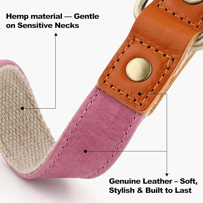 Plutus Pet Genuine Leather & Hemp Dog Collar – Adjustable Heavy Duty Pet Collar with Quick Release Metal Buckle, Soft & Stylish for Puppy and Small, Medium, Large Dogs (Pink, M)