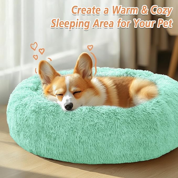 JOLLYVOGUE Calming Dog Bed for Small Dogs - 23 inches Donut Washable Small Dog Bed for Kittens & Puppies, Anti-Slip Round Fluffy Plush Faux Fur Cat Beds (Fits up to 25 lbs Pets, Mint Green)