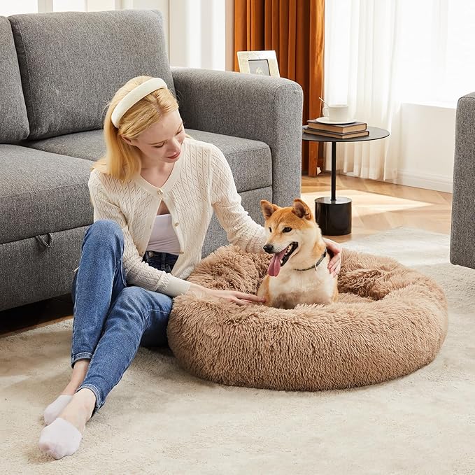 Sweetcrispy Donut Dog Bed, XL Large Round Calming Cat Bed with Washable Waterproof Cushion, Anti-Anxiety & Anti-Slip Fluffy Cuddle Cozy Faux Fur Plush for Pet Puppy Indoor Sleeping(37.4"x3.47",Brown)