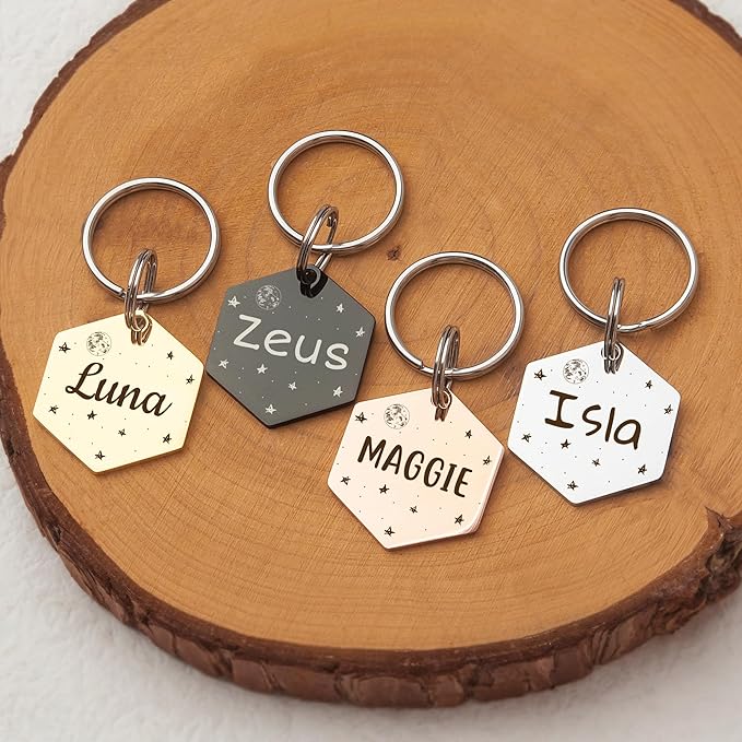 Anavia Small Size Dog Cat ID Tags, Small/XS Personalized Color Plated Stainless Steel Puppy Kitten Name Tags, Customized Engraved Nameplate Pet Collar Tag (Gold, Hexagon)
