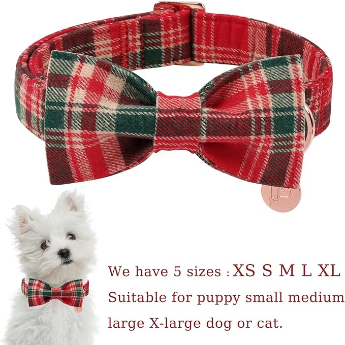 Christmas Plaid Dog Collar with Bow Tie– Adjustable Red & Green Checkered Dog Collar for Small Medium Large Dogs, Soft Xmas Plaid Puppy Collars with Quick Release Buckle XL