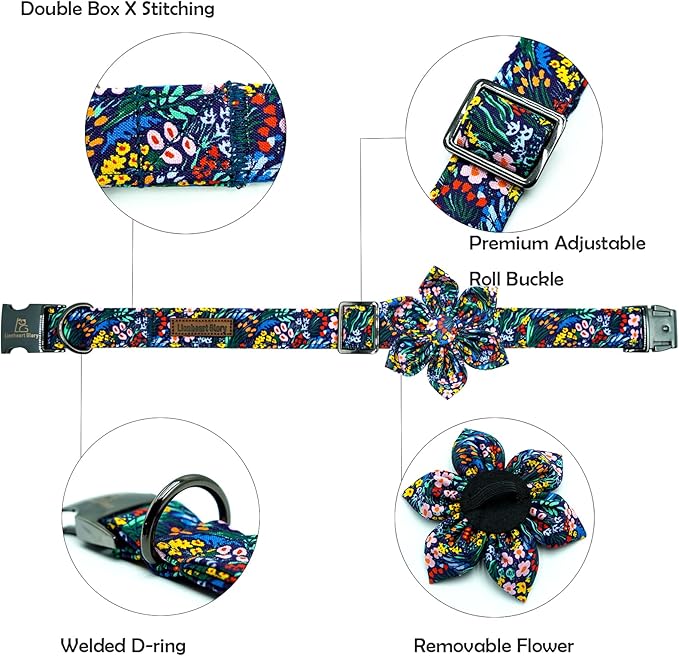 Lionheart Glory Darkblue Flower Dog Collar - Floral Bow for Male or Female, Spring Fall Pet Gift, Durable Adjustable for Small Dogs
