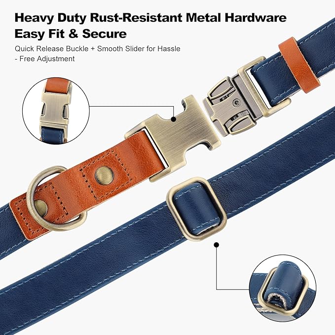 Plutus Pet Genuine Leather & Hemp Dog Collar – Adjustable Heavy Duty Pet Collar with Quick Release Metal Buckle, Soft & Stylish for Puppy and Small, Medium, Large Dogs (Royal Blue, S)