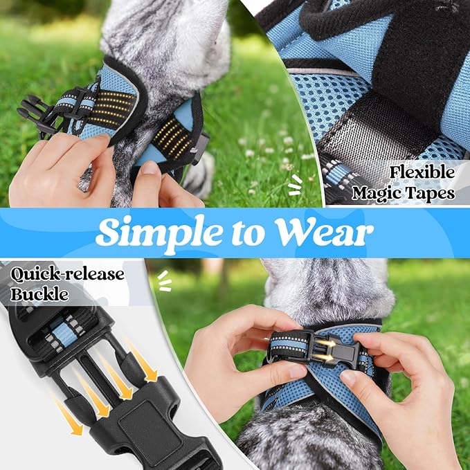 rabbitgoo Cat Harness and Leash Set for Walking Escape Proof, Adjustable Soft Kittens Vest with Reflective Strip for Cats, Comfortable Outdoor Vest, Light Blue, M