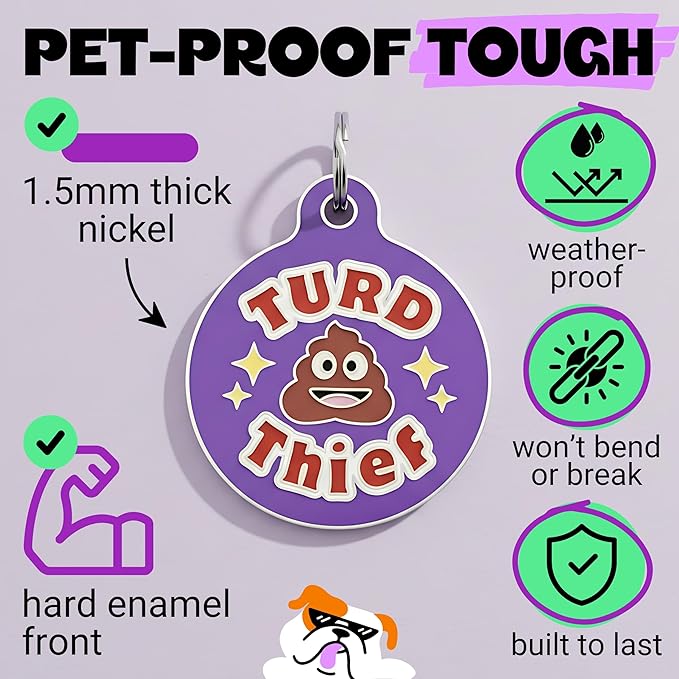 Bad Tags Personalized Dog and Cat ID Tags in 25+ Designs and 2 Sizes - 5 Lines of Custom Engraved Text - Funny Cute Personalized Pet Tags (Turd Thief, Large (1.25 inch))