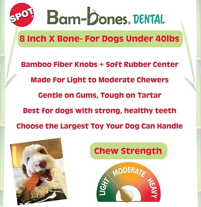 SPOT Bam-Bones Dental X-Bone - Made with Bamboo Fiber and a Massaging Rubber Center, Durable Oral Care Dog Chew for Light Chewers & Teething Puppies under 40lbs, 8in Allergen Free Peanut Butter Flavor