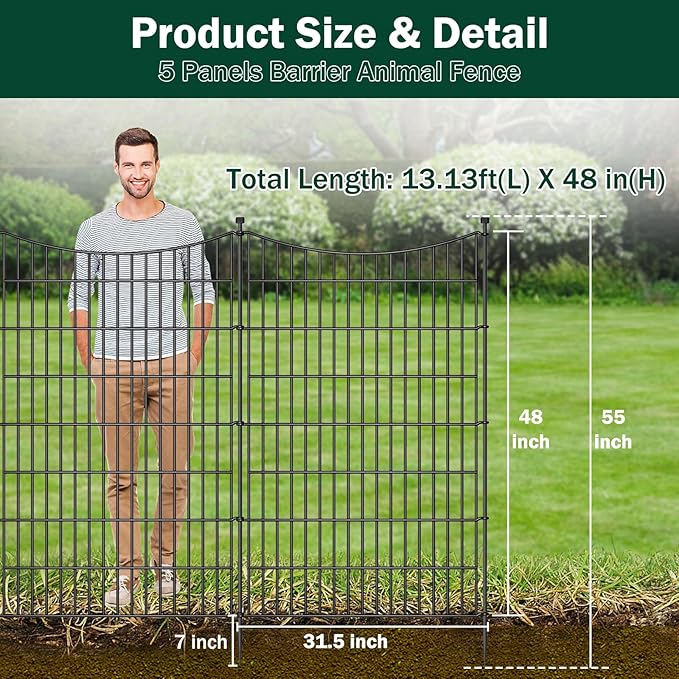 5 Panels Decorative Garden Fence with Gate, 48 in(H) X 13.13 ft(L) No Dig Dog Fence Animal Barrier Outdoor for Yard, Rustproof Metal Garden Edging and Borders, Temporary Fencing Stakes