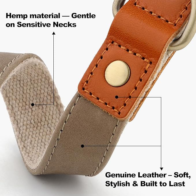 Plutus Pet Genuine Leather & Hemp Dog Collar – Adjustable Heavy Duty Pet Collar with Quick Release Metal Buckle, Soft & Stylish for Puppy and Small, Medium, Large Dogs (Ash Brown, M)