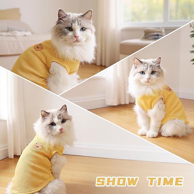 Waffle Knit Cat & Dog T Shirt for Small Dogs, Stretchable Puppy Shirt for Sphynx Cats & Small Breeds, Pet Clothes | Breathable Summer/Winter Apparel for Newborn(3PCS Small)