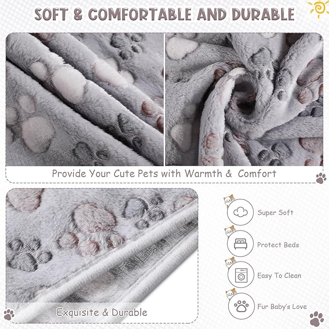 Tegeme 8 Pcs Fleece Dog Blankets for Small Dogs Cat Soft Coral Velvet Warm Sleep Mat Fluffy Dog Paw Print Blanket for Kitten Doggy Small Animal(30 x 20 Inch,Gray)