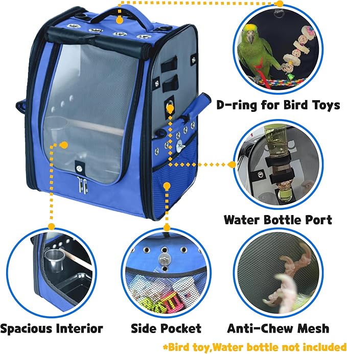 Birds Day Bird Carrier Backpack-Parrot Travel Cage with 2PCS Perch and Food Bowl, Stainless Steel Tray (Sky Blue)