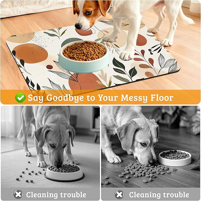 Boho Dog Cat Food Mat,Abstract Leaves Absorbent Waterproof Placemat for Food and Water Non Slip Rubber Backing Durable Feeding Pad for Clean Floors 16" x 24"