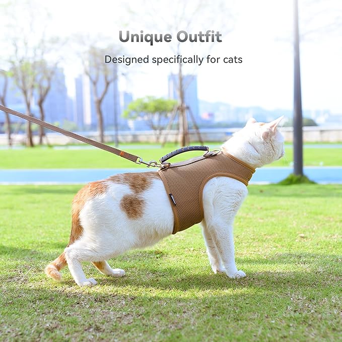 Cat Harness and Leash for Walking Escape Proof Breathable Mesh Fabric, Solid Brown, Large, Adjustable Cat Walking Jackets with Handle, Padded Stylish Cat Vest