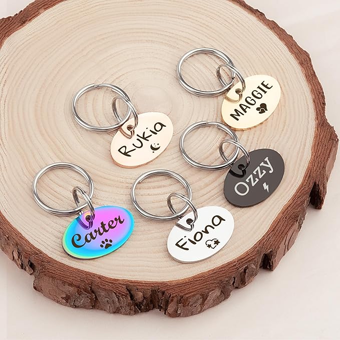 Anavia Small Size Dog Cat ID Tags, Small/XS Personalized Color Plated Stainless Steel Puppy Kitten Name Tags, Customized Engraved Nameplate Pet Collar Tag (Rainbow, Oval)
