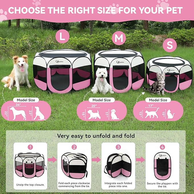 Dog Cat Playpen, Puppy Pet Playpen Indoor for Dog Crate Tent Cage Outdoor, Portable Pop Up Dogs Enclosure Kennel with Carrying Case for Dogs/Cats/Rabbits (Pink with Pad, Medium)