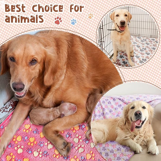 Tatuo 4 Pcs Dog Blanket for Pet Cat Blankets Indoor Puppy Teething Stuff Toys Paw Print Fleece Soft Blanket Sleep Mat for Guinea Pig Cage(White, Coffee, Pink, Purple,Large(36 x 36 Inch),Square)